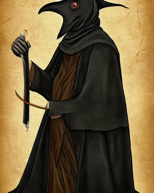 Image similar to portrait a plague doctor holding his mask, mask in hand, black robes, detailed art by greg rukowtski