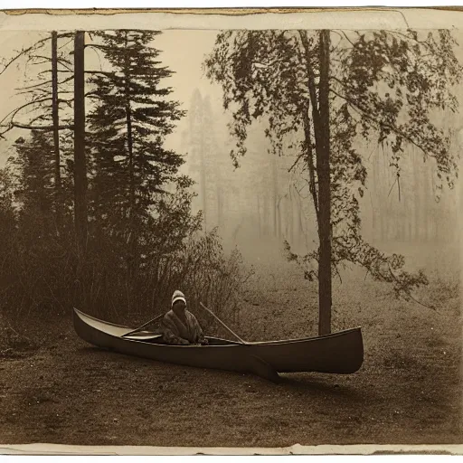 Image similar to hunter sitting in a canoe on the river, deep in the wilderness early in the misty morning in later winter or early spring, boreal forest, 19th century