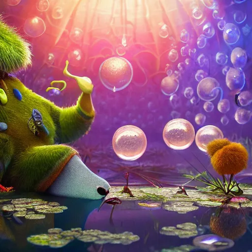 Image similar to tiny spells, vegetation, expressive eyes, floating, rbc, radiolaria, protophyta, micro - organisms, center frame, symmetric, rim light, marine microbiology, bioluminescence, electric, fur, soft, concept art, intricate details, highly detailed, colorful, photorealistic, disney pixar, octane render, iridescent, anime, 8 k