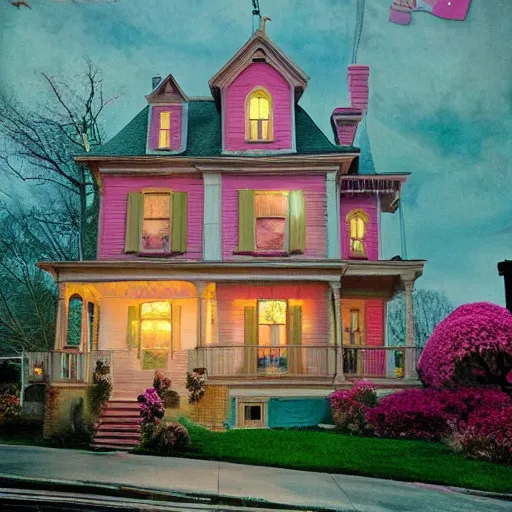 Image similar to Pink Palace, Coraline, Victorian house, at night, glowing flowers, cinematic lighting, norman rockwell style,