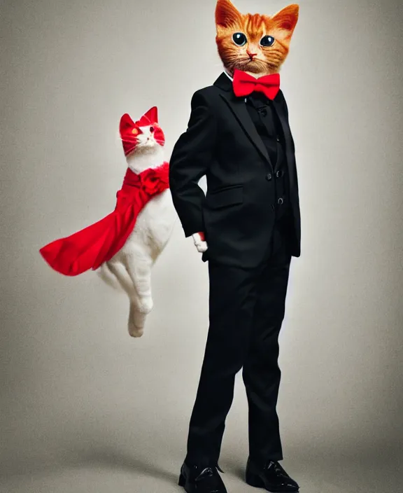 Image similar to award winning photography of a cute ginger cat wearing a smart black suit and a red bowtie