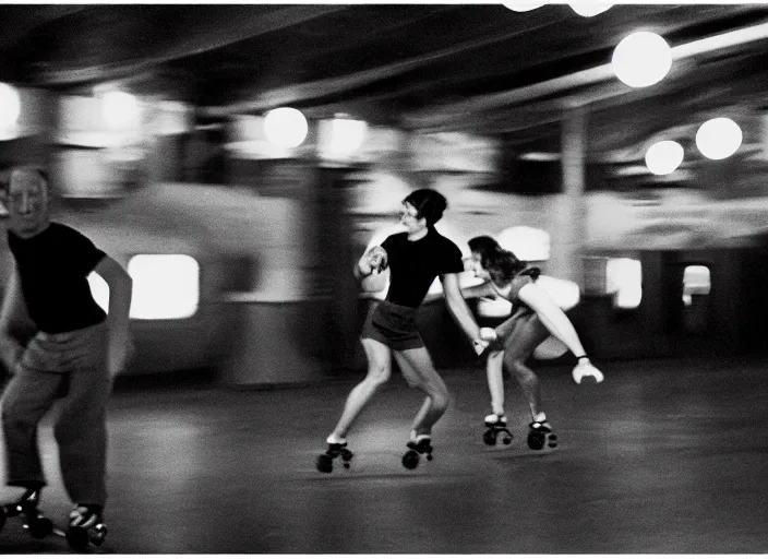 Image similar to a 35mm photograph of a man and a woman roller skating at a roller rink in the 1950's at sunset, bokeh, Canon 50mm, cinematic lighting, photography, retro, film, Kodachrome, award-winning, rule of thirds, golden hour