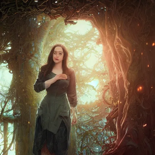 Image similar to Hyper realistic detailed portrait of Kat Dennings, Stephen Bliss, unreal engine, fantasy art by Greg Rutkowski, Loish, Rhads, ferdinand knab, Makoto Shinkai and Lois van baarle, ilya kuvshinov, rossdraws, Tom Bagshaw, alphonse mucha, global illumination, radiant light, detailed and intricate environment, highly detailed, award winning art