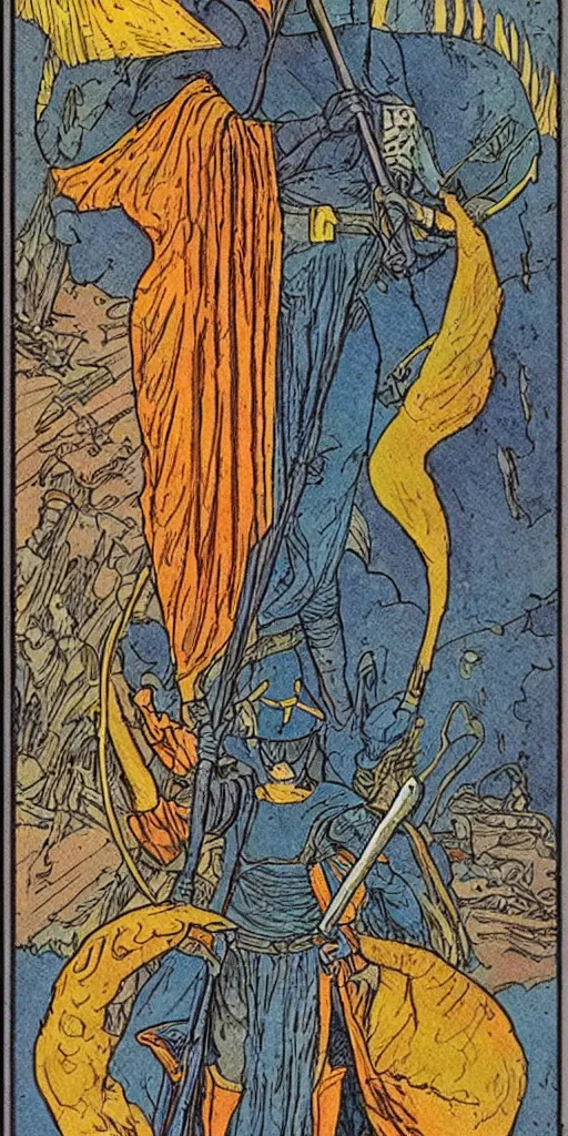 Image similar to the tarot card of the charriot painted by moebius.