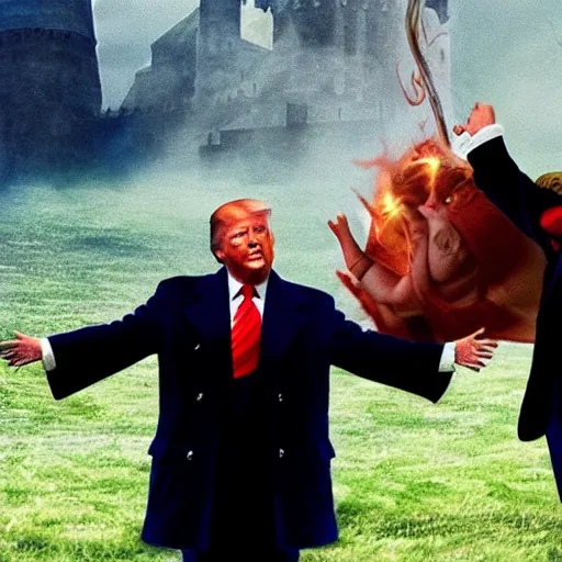 Prompt: Donald Trump fighting with magic against Harry Potter