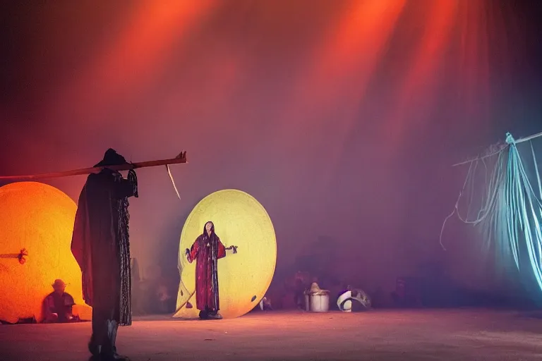 Prompt: festival on a stage, man with scythe, traditional romanian clothing, dramatic lighting, beautiful, volumetric lighting, colorful