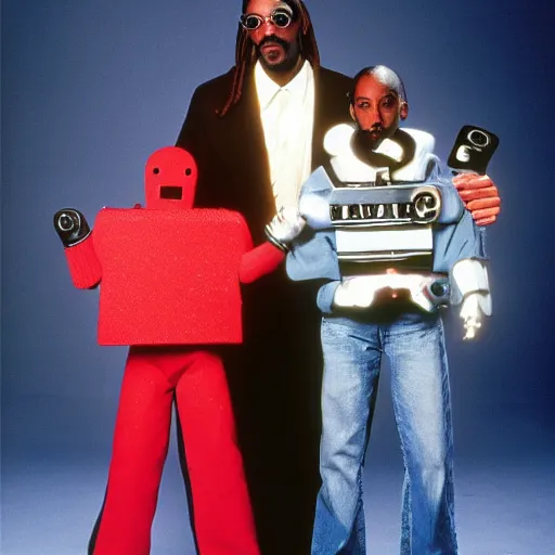 Prompt: Snoop Dogg holding two robots for a 1990s sitcom tv show, Studio Photograph, portrait, C 12.0