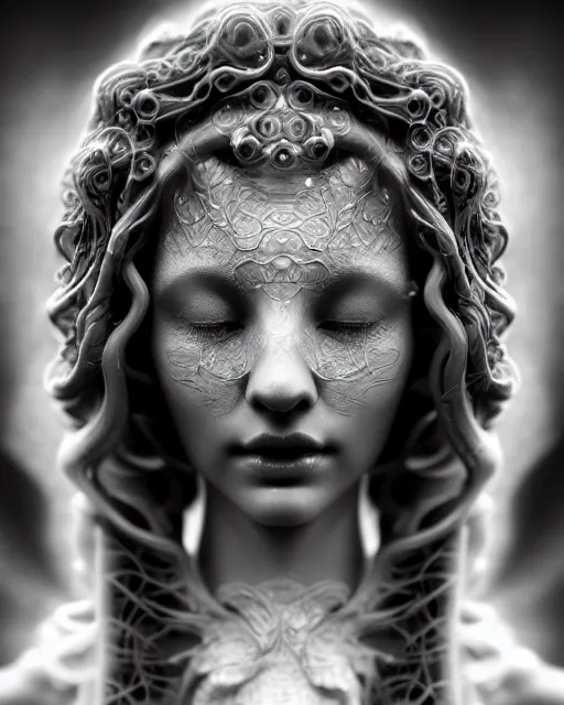 Image similar to mythical dreamy underwater black and white profile face portrait of translucent beautiful female angelic - medusa - vegetal, highly detailed, intricate crystal ivy jelly ornate, poetic, translucent algae ornate, digital art, octane render, 8 k artistic photography, photo - realistic, hg giger