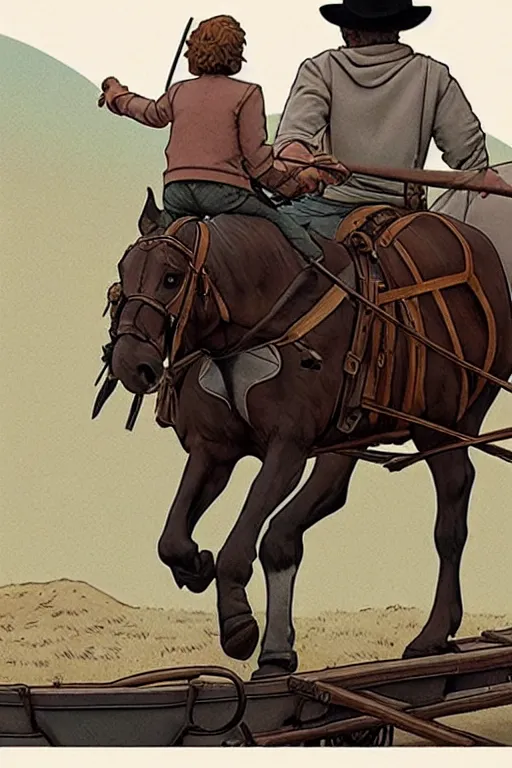 Image similar to a ( ( ( ( ( ( ( ( knight ) ) ) ) ) ) ) ) riding a wagon!!!!!!!!!!!!!! by greg darrow and greg rutowski, muted colors, detailed