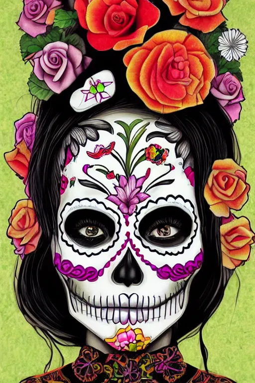 Image similar to illustration of a sugar skull day of the dead girl, art by xie boli