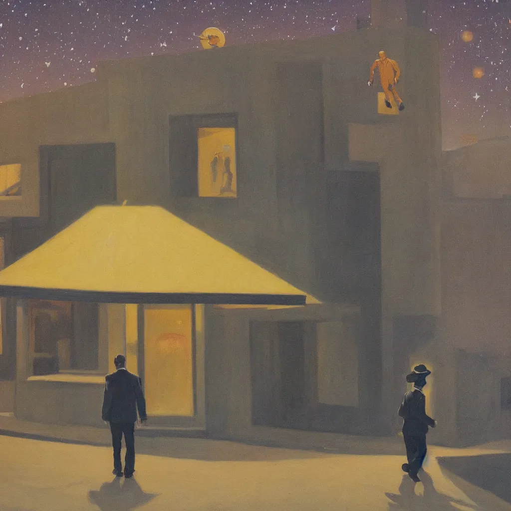 Image similar to a painting of a man walking down a lonely street on another planet and the sky is covered in stars, the head of the man is a skull, he is wearing a suit, in the style of edward hopper, 4 k,