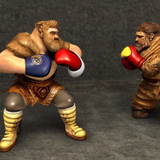 Image similar to dwarven men with boxing gloves fighting a lion