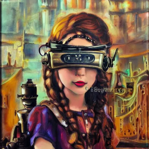 Prompt: steampunk girl in steampunk goggles and a steampunk helmet on the background of a steampunk city, Painting, Canvas, Paint, Acrylic Paint