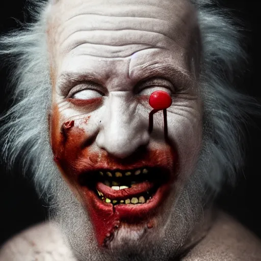 Prompt: film still photo portrait of a crazed homeless beaten up ronald mcdonald with heavy wrinkles and a beard, realistic, hyperrealistic, 8 k resolution, hd quality, very detailed, highly detailed, intricate details, real life, real world, trending on artstation, digital art, really realistic, very realistic, headshot, head in frame, photograph, portrait