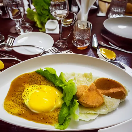 Image similar to aji de gallina, garnished with half eggs, served over boiled sliced potatoes on top of a bed of lettuce, michelin star restaurant, award winning photo, food photography, 4 k