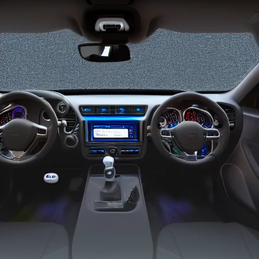 Prompt: the dashboard of a car at night, pitch black, RGB LED lights, screens, detailed, render, technical, wide