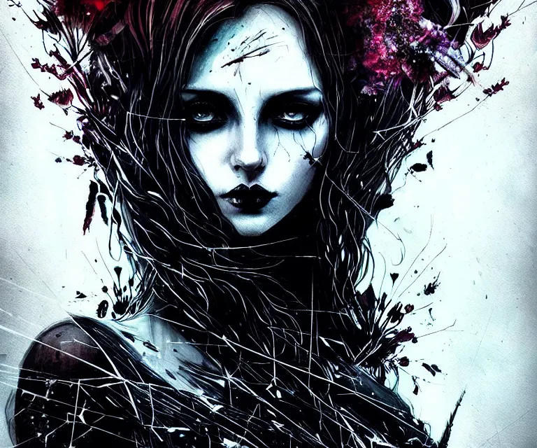 Image similar to stunning otherworldly gothic goddess of beauty, dark and mysterious, atmospheric, ominous, eerie, cinematic, epic, 8 k, 4 k, ultra detail, ultra realistic, rendered by awesomeness. nights falling wind is blowwing snow is pilling concept art in style of carne griffiths artwork by xsullo