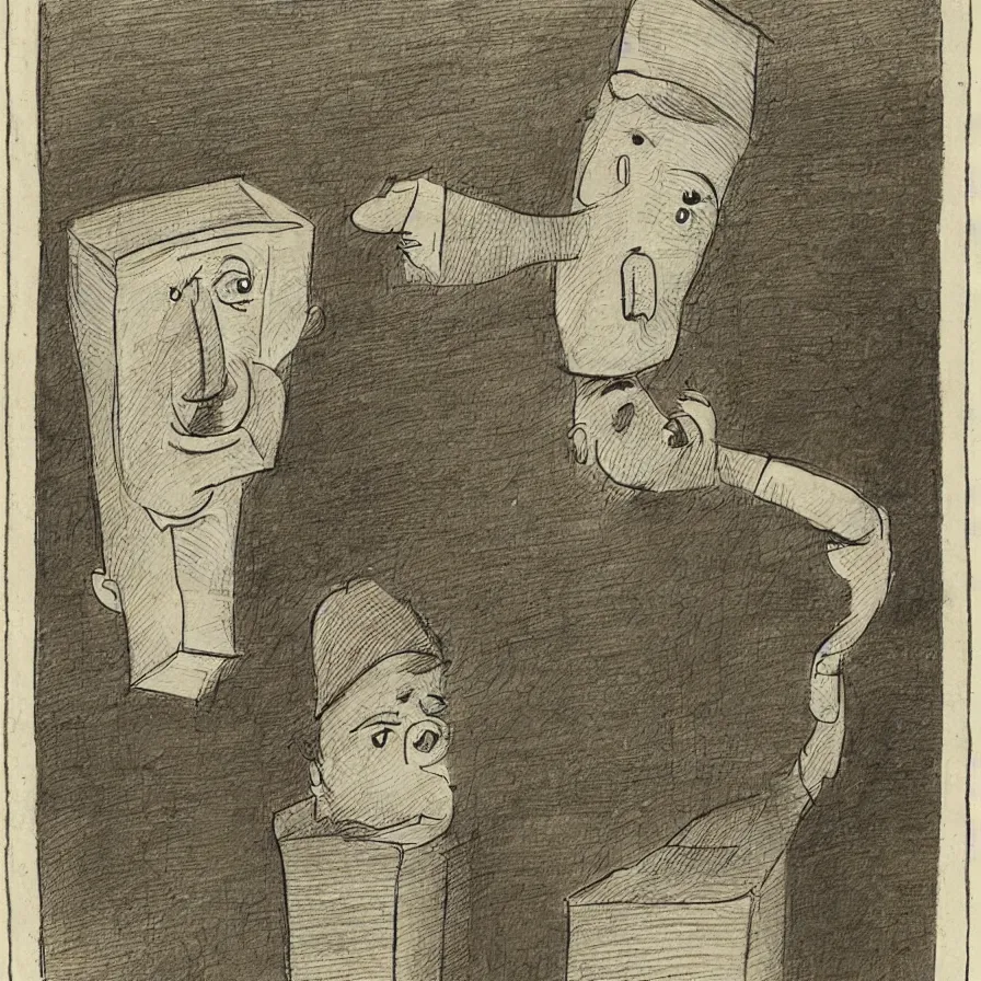 Prompt: a cartoon of a long - nosed man in a box poking his head through the top, as by william rotsler