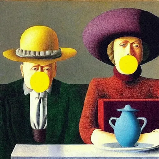 Prompt: a breakfast with friends in hats by rene magritte