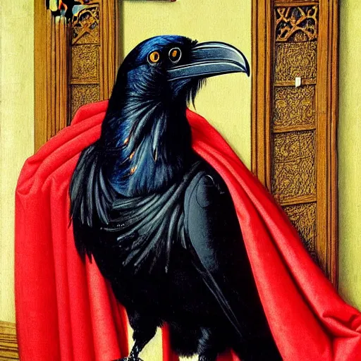 Image similar to a highly detailed painting of a raven, dressed in elegant tudor clothes, inside a room with thick red tapestries, by hans holbein