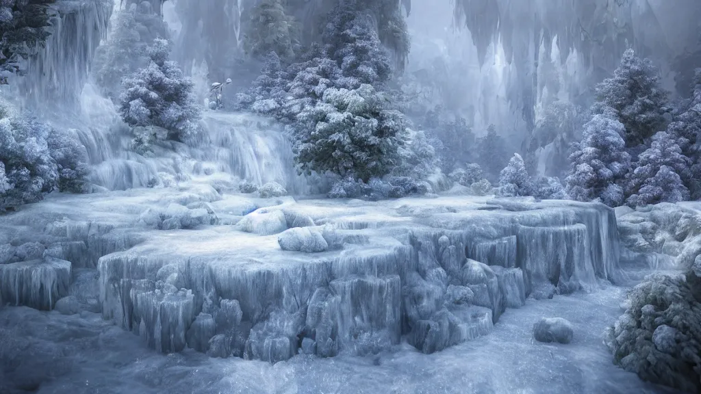 Image similar to 3d rendering of fantasy little frosted planet on frozen waterfall surface, foggy atmosphere, volumetric lighting, fantasy artwork, very beautiful scenery, very realistic painting effect, hd, hdr, unreal engine 5, cinematic 4k wallpaper, 8k, ultra detailed, high resolution, artstation