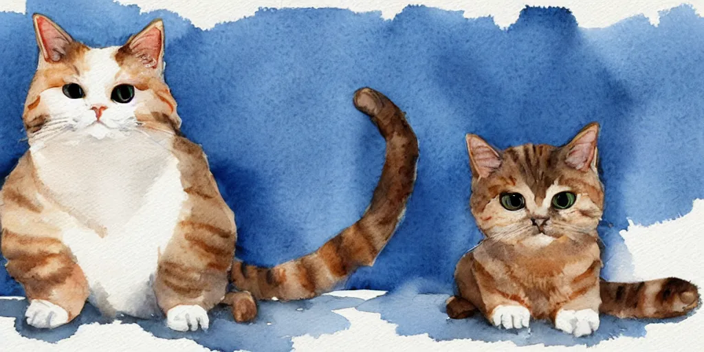 Image similar to watercolor illustration style, cute cats with blue wings, white background