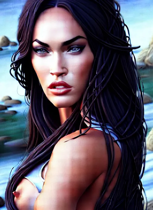 Prompt: megan fox in the style of stefan kostic, realistic, full body shot, wide angle, sharp focus, 8 k high definition, insanely detailed, intricate, elegant, art by stanley lau and artgerm, floating embers