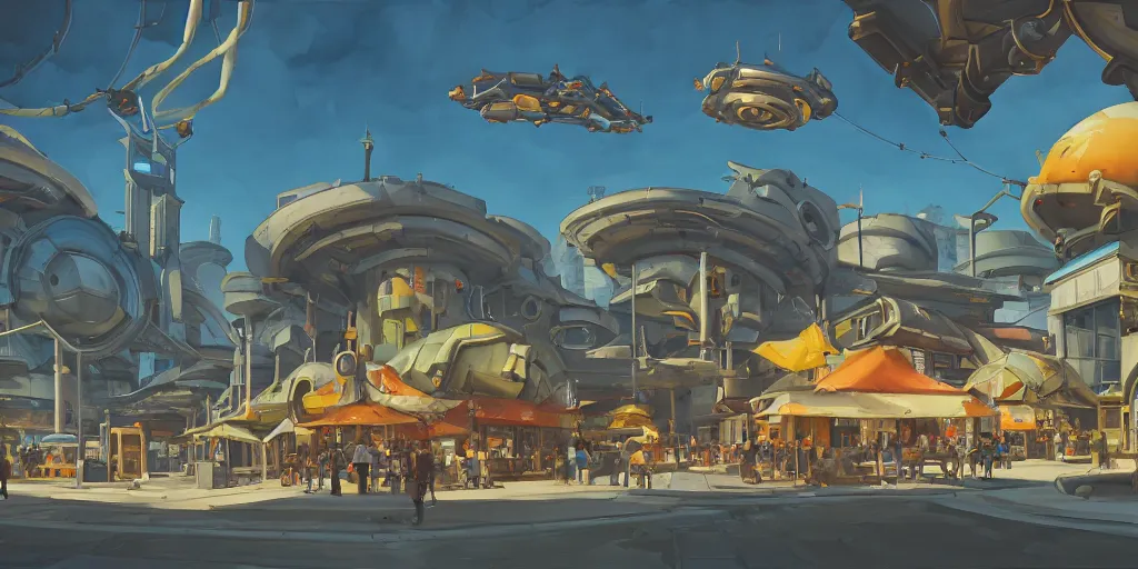 Prompt: overwatch building, stylized, exterior, architecture, in watercolor gouache detailed paintings, insanely detail, artstation, 8 k, futuristic, big medium small, arcane, simon stalenhag, food stall, interesting shapes & form, golden ratio, megastructures, vitaly bulgarov, mall, jungle, environment, nature