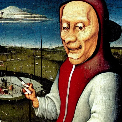 Image similar to close up of Waldo from Where’s Waldo painted by Hieronymus Bosch