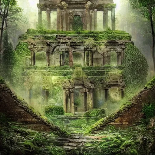 Image similar to beautiful ancient magical overgrown secret place, mysetrious etherial mesmerizing atmosphere, ancient ruins in the forest, extremely intricate, hyper detailed, hd, masterpiece