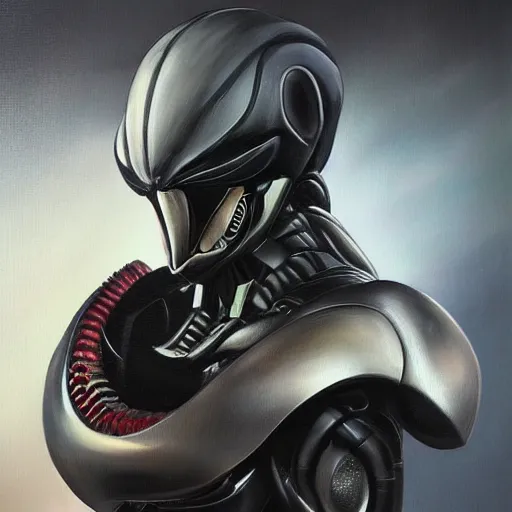 Prompt: a realistic painting by Raffaello Sanzi depicting the Kamen Rider Black with the head of the Xenomorph in the retrofuturism Renaissance,smooth,Sharp focus, trending on Artstation.