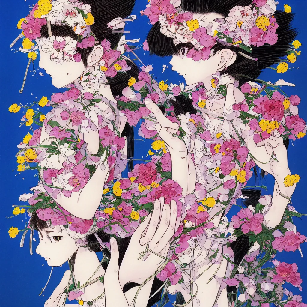 Prompt: prompt: Fragile portrait of one persona covered with random flowers illustrated by Katsuhiro Otomo, inspired by sailor moon and 1990 anime, smaller cable and cryborg parts as attributes, eyepatches, illustrative style, intricate oil painting detail, manga 1980