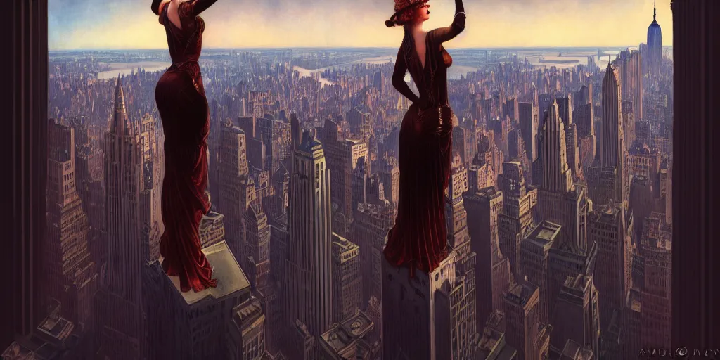 Prompt: a woman standing on a ledge overlooking an axonometric 1920s New York City at dawn, by Rolf Armstrong and Evelyn De Morgan and Bastien Lecouffe-Deharme, dramatic lighting, high contrast colors, baroque, empyrean, panoramic view, as trending on Artstation, highly detailed, doom engine,