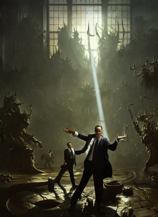 Image similar to Demons in suits, at hell offices, sunrays, dust in the air, DnD character, unreal engine, octane render, dramatic lighting, pond, digital art, by Stanley Artgerm Lau, greg rutkowski, thomas kindkade, alphonse mucha, loish, norman Rockwell,