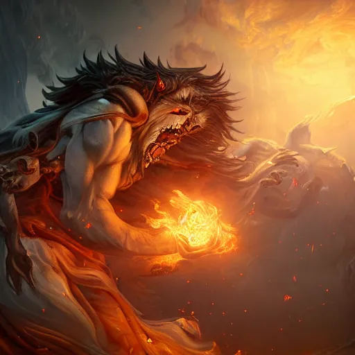 Image similar to A epic and beautiful rococo painting of a Werewolf using a burning laboratory. Castlevania style. ultra-detailed. Anime, pixiv, UHD 8K CryEngine, octane render