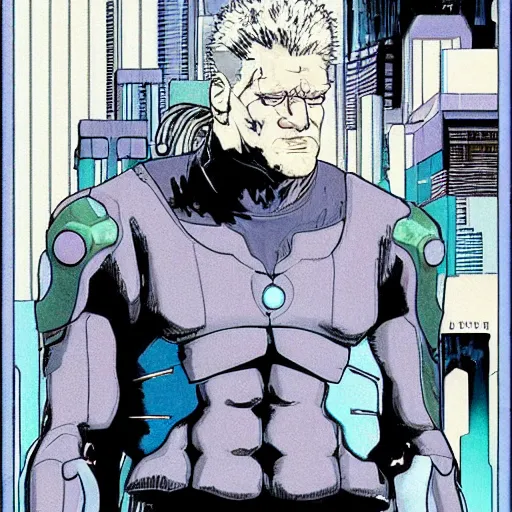 Prompt: Batou in the style of Ghost in the shell. Moebius, cyberpunk, masterpiece