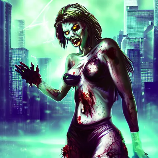 Prompt: angry zombie full body portrait of milla jovovich, new york city background, grimdark horror, stylized digital illustration, radiating a glowing aura, global illumination, ray tracing, hdr, fanart arstation by ian pesty and katarzyna bek - chmiel