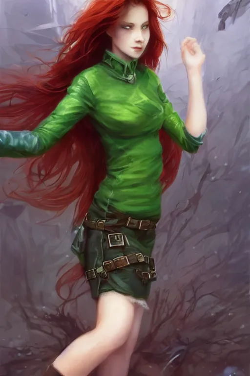 Image similar to beautiful cute red haired joyful and playful nineteen year old maiden standing up in casual green clothing, long hair, modern city, rpg character, sci - fi, fantasy, intricate, elegant, digital painting, artstation, concept art, smooth, 8 k frostbite 3 engine, ultra detailed, art by artgerm and greg rutkowski and magali villeneuve