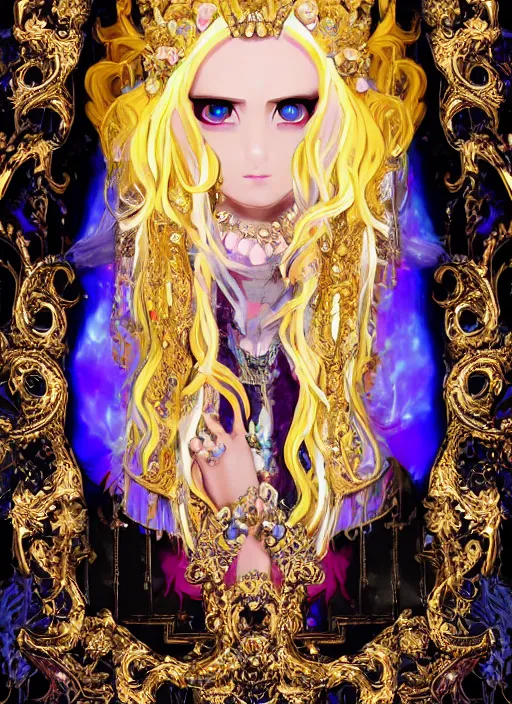 Image similar to baroque bedazzled gothic royalty frames surrounding a pixelsort rimuru tempest smiling, sky blue straight hair, bangs, with amber eyes, yellow golden eyes, wearing a black maximalist spiked jacket, high collar, ultra detailed, concept art, digital painting, pretty, cinematic, wlop artstation, sharpened early computer graphics, remastered chromatic aberration