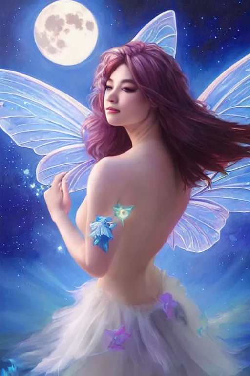 Image similar to attractive fairy magically floating high in the night, fantasy, full moon in background. highly detailed painting by artgerm, mid shot, 8 k