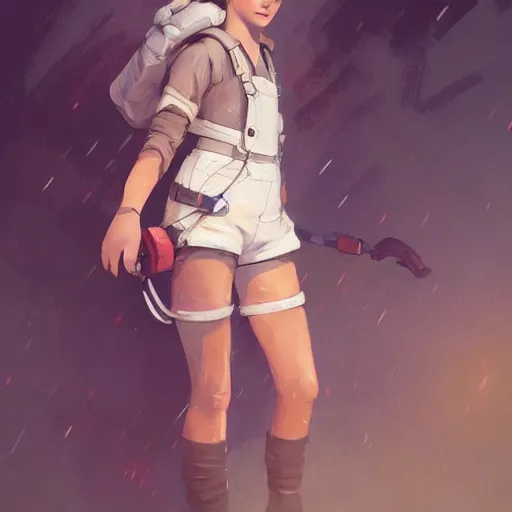 Image similar to portrait, attractive Female adventurer, soft eyes and narrow chin, dainty figure, single strap paint covered overalls, short shorts, combat boots, raining, basic white background, style of by Jordan Grimmer and greg rutkowski, crisp lines and color,