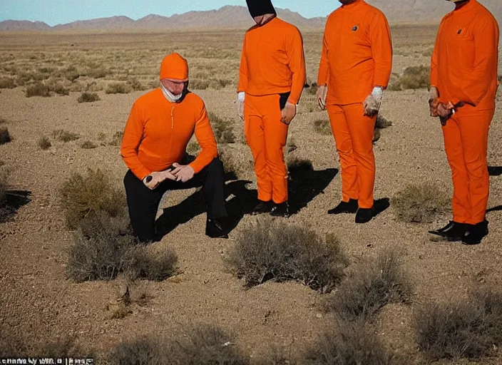 Image similar to joe biden kneeling down in the desert in an orange prison outfit, next to him are two men dressed in full black with black balaclavas, 3 5 mm photograph