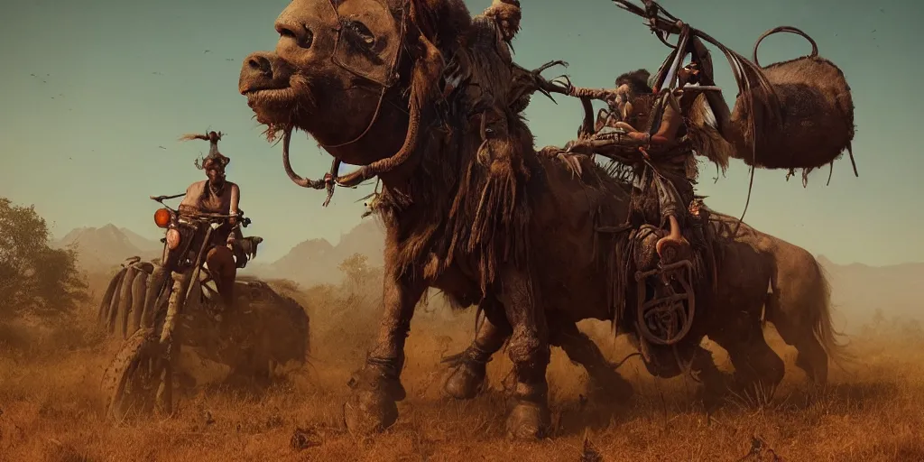 Prompt: an ancient tribesman on ancient motorcycles with perfect wheels, hunting buffalo ,chase, action scene, an epic fantasy, dramatic lighting, cinematic, establishing shot, extremely high detail, photorealistic, cinematic lighting, artstation, octane render, by simon stalenhag, horizon forbidden west,old photo, vintage