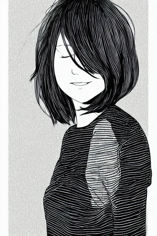 Image similar to portrait of a girl in long pants and a top, hands in pockets, eyes closed, bob haircut, digital art, black and white, lineart by roro kurotani