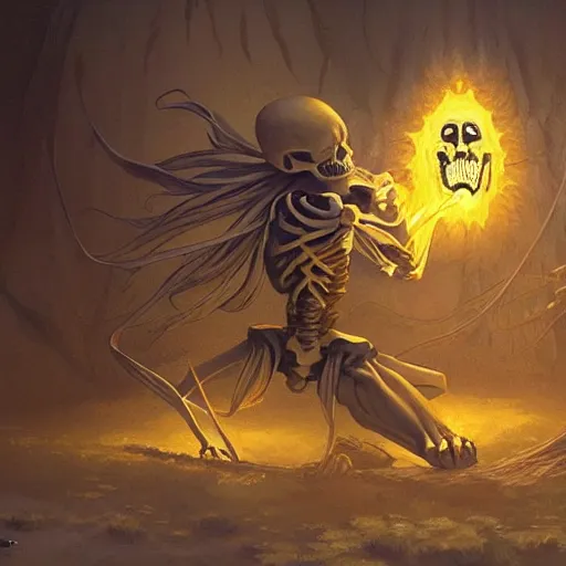 Prompt: skeleton glowing in white yellow light spell scroll art by artgerm and greg rutkowski and Craig Mullins, James Jean, Andrey Ryabovichev, Mark Simonetti and Peter Morbacher 16k