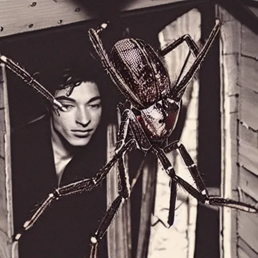 Image similar to old photo of Ezra Miller as a giant spider in an attic