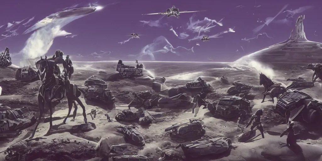 Prompt: neurotic depiction of a battlefield with horses riding drones and militarized turtles, weapon design by zaha hadid, y 2 k aesthetic, dark purple background, chesley bonestell, 4 k