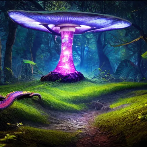 Image similar to dragon in a bright glowing mushroom forest uhd ultra realistic ray traced 4 k highly detailed sharp lines dramatic lighting artstation trending