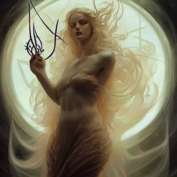 Prompt: a highly detailed beautiful portrait in the style of peter mohrbacher and in the style of jean delville. glowing runes of magical power.