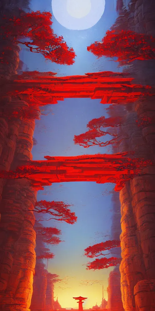 Image similar to the red torii gate!!! a highly detailed cinematic oil painting by roger dean and alena aenami, dynamic lighting